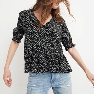 Madewell Courtyard Ruffled Peplum Top  Black Floral Balloon Sleeve Size XS